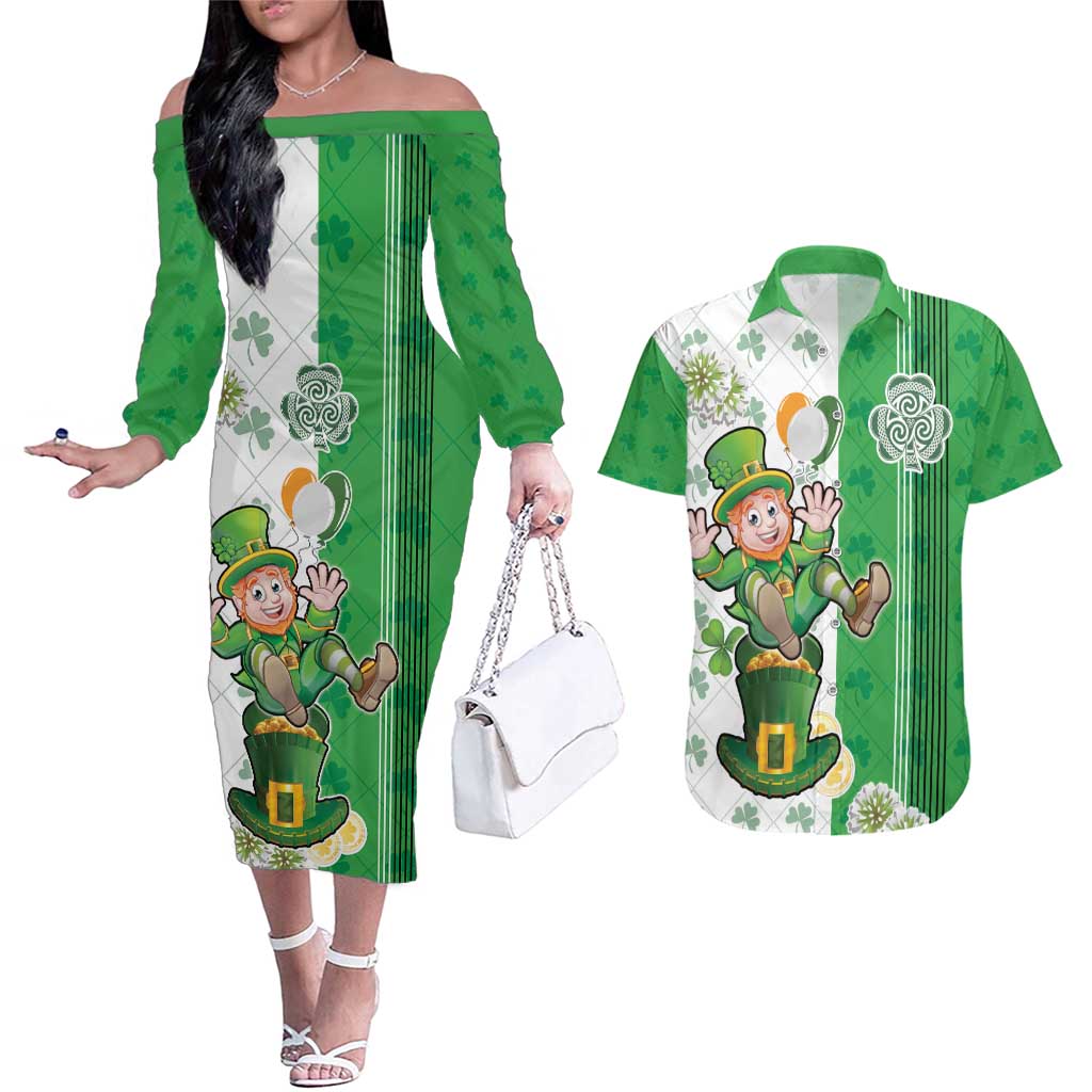 Ireland 17th March Saint Patrick's Day Couples Matching Off The Shoulder Long Sleeve Dress and Hawaiian Shirt Irish Leprechaun with Shamrock