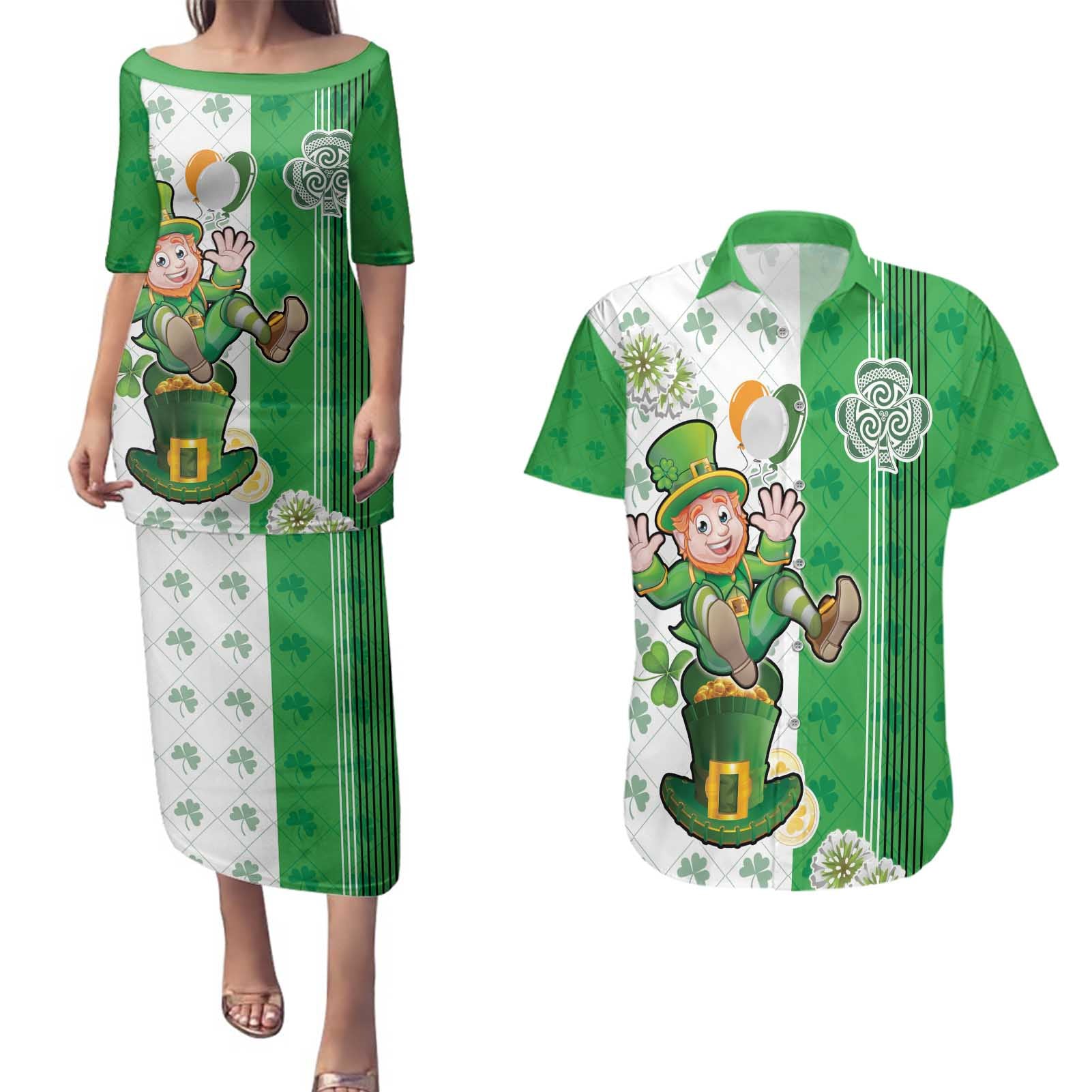 Ireland 17th March Saint Patrick's Day Couples Matching Puletasi and Hawaiian Shirt Irish Leprechaun with Shamrock