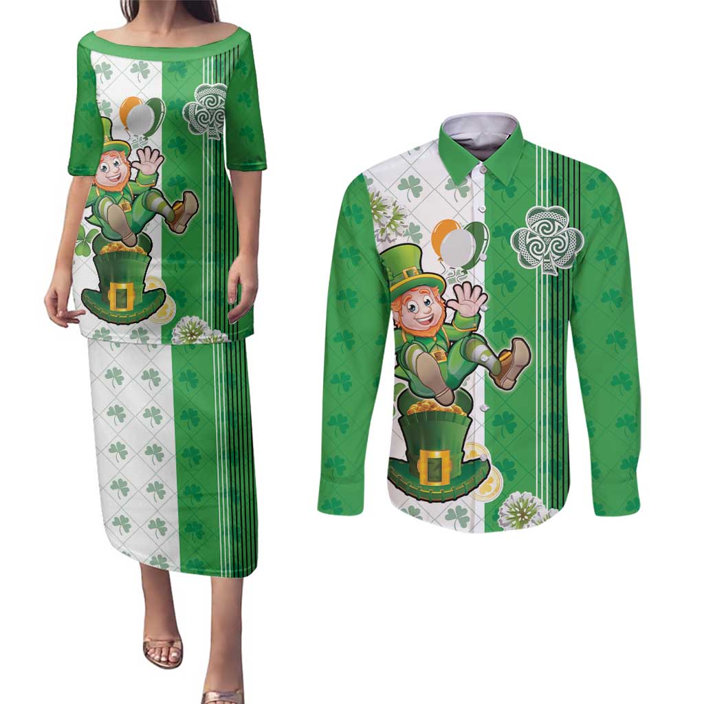 Ireland 17th March Saint Patrick's Day Couples Matching Puletasi and Long Sleeve Button Shirt Irish Leprechaun with Shamrock