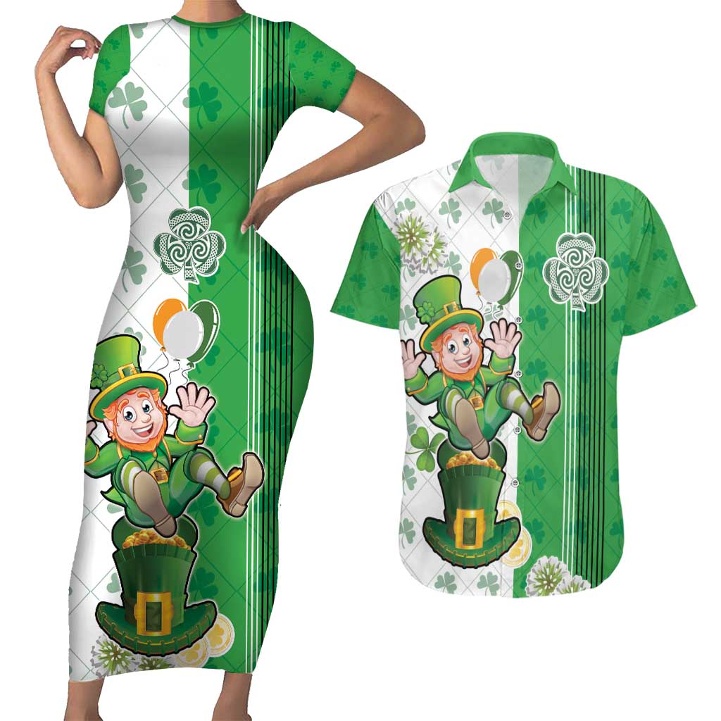 Ireland 17th March Saint Patrick's Day Couples Matching Short Sleeve Bodycon Dress and Hawaiian Shirt Irish Leprechaun with Shamrock