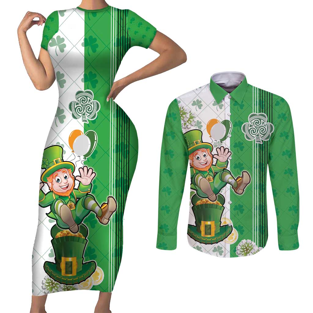 Ireland 17th March Saint Patrick's Day Couples Matching Short Sleeve Bodycon Dress and Long Sleeve Button Shirt Irish Leprechaun with Shamrock