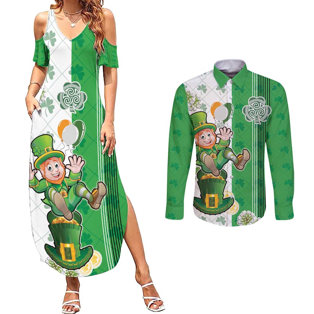 Ireland 17th March Saint Patrick's Day Couples Matching Summer Maxi Dress and Long Sleeve Button Shirt Irish Leprechaun with Shamrock