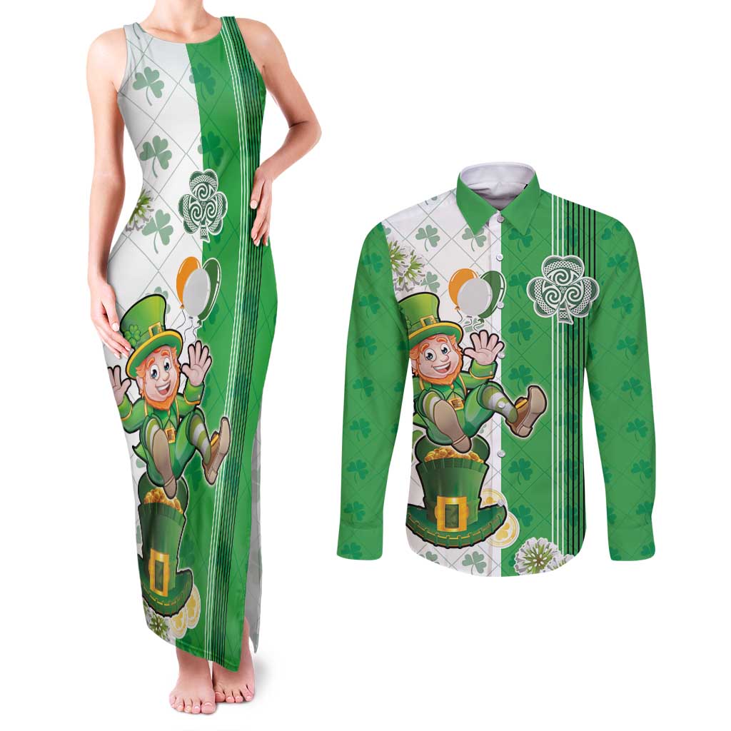 Ireland 17th March Saint Patrick's Day Couples Matching Tank Maxi Dress and Long Sleeve Button Shirt Irish Leprechaun with Shamrock