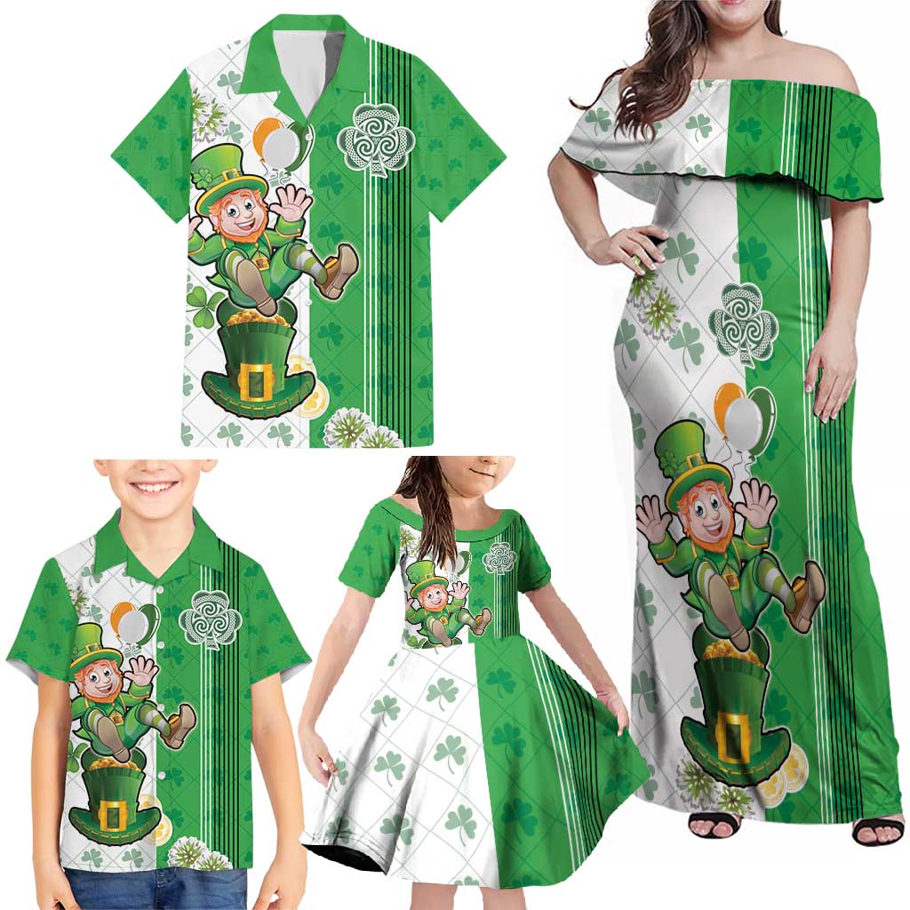 Ireland 17th March Saint Patrick's Day Family Matching Off Shoulder Maxi Dress and Hawaiian Shirt Irish Leprechaun with Shamrock