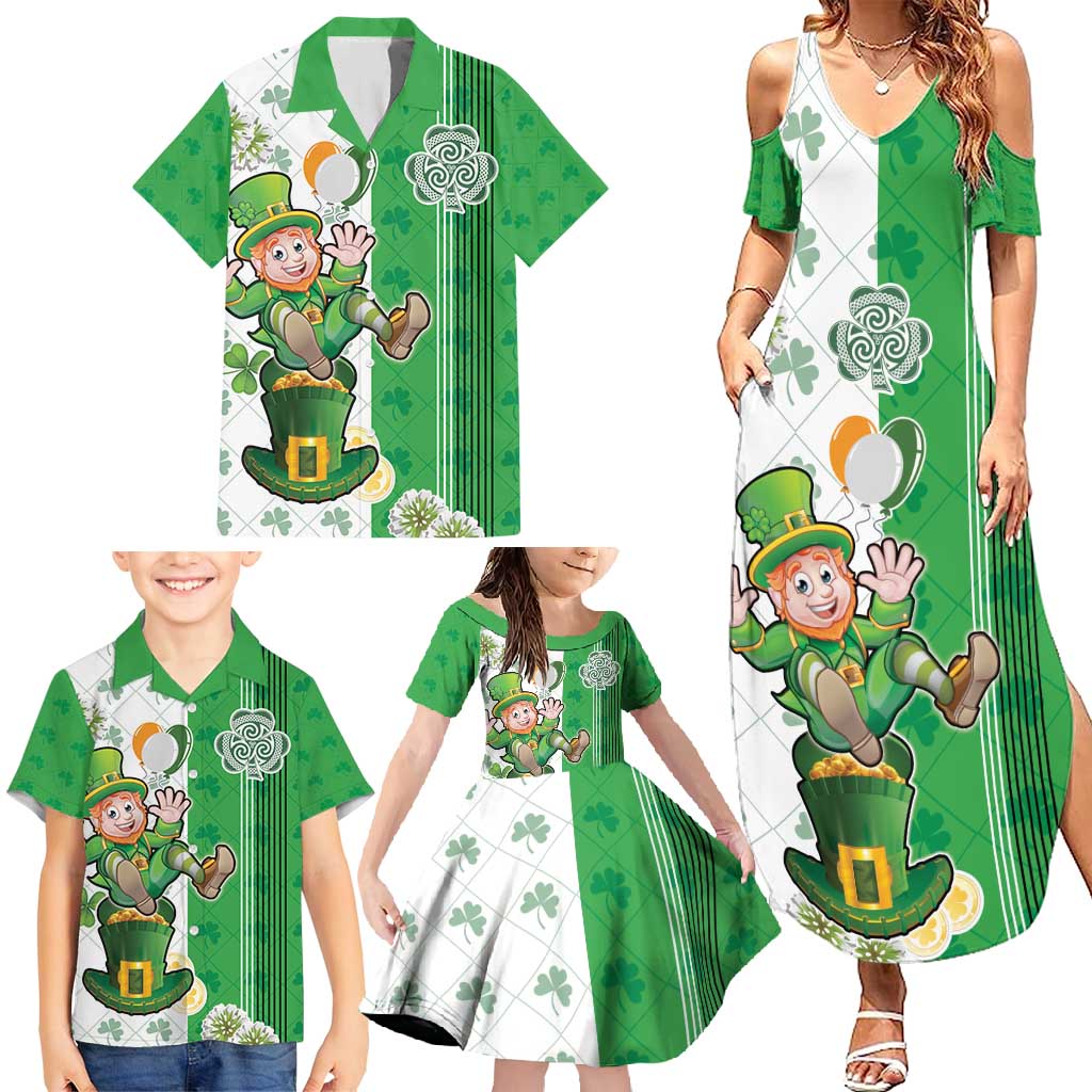 Ireland 17th March Saint Patrick's Day Family Matching Summer Maxi Dress and Hawaiian Shirt Irish Leprechaun with Shamrock