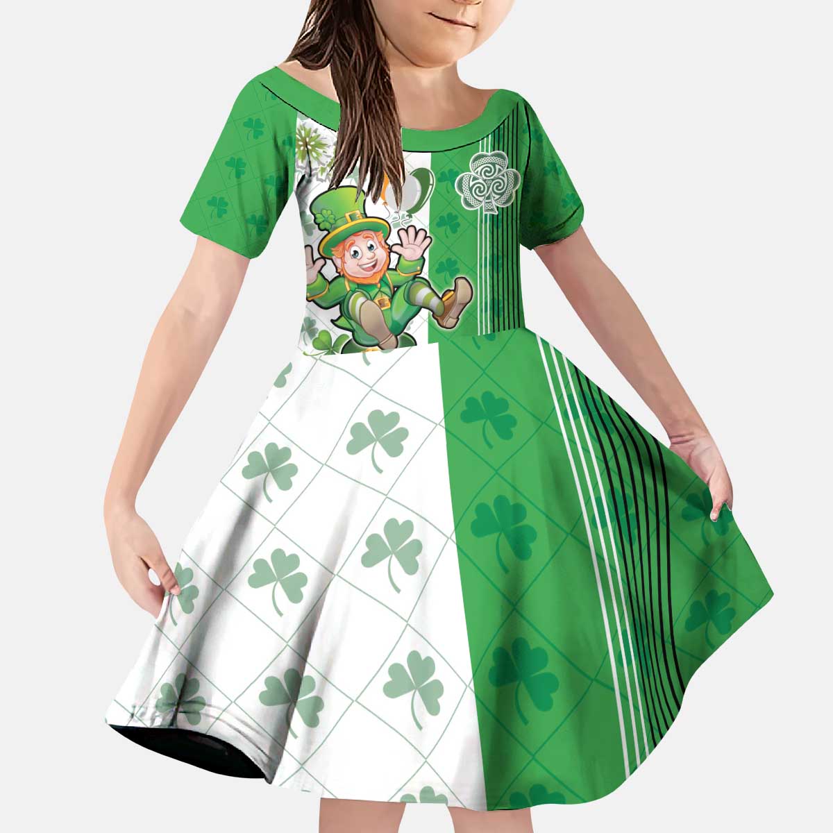 Ireland 17th March Saint Patrick's Day Kid Short Sleeve Dress Irish Leprechaun with Shamrock