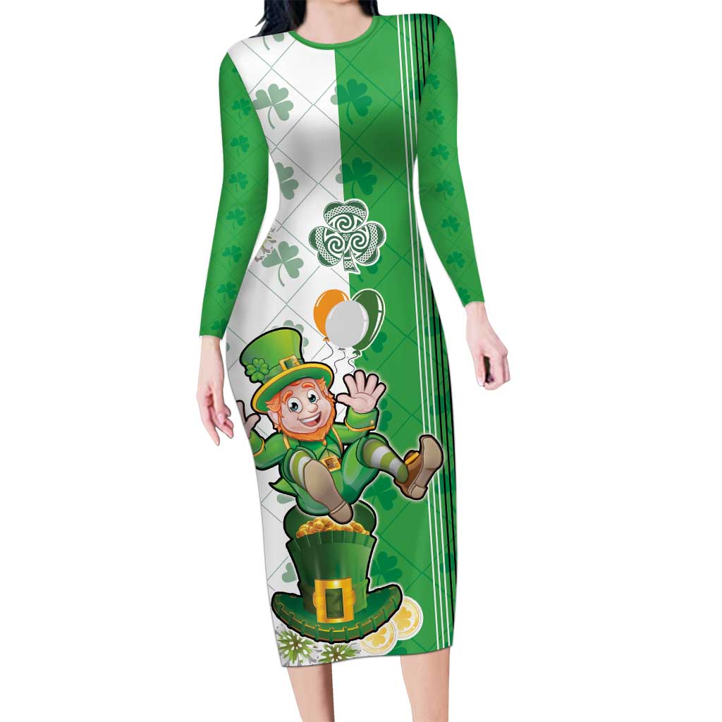 Ireland 17th March Saint Patrick's Day Long Sleeve Bodycon Dress Irish Leprechaun with Shamrock