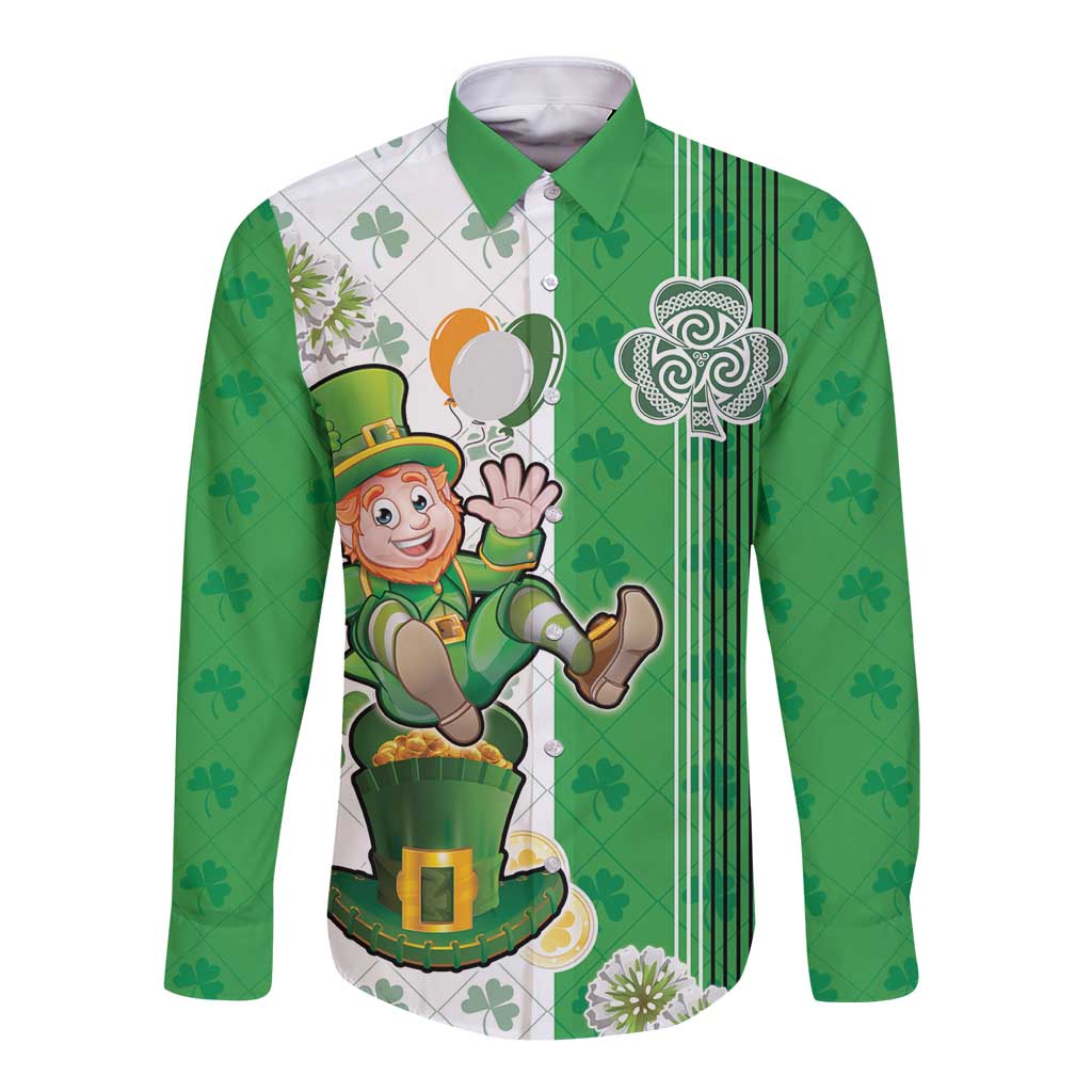 Ireland 17th March Saint Patrick's Day Long Sleeve Button Shirt Irish Leprechaun with Shamrock