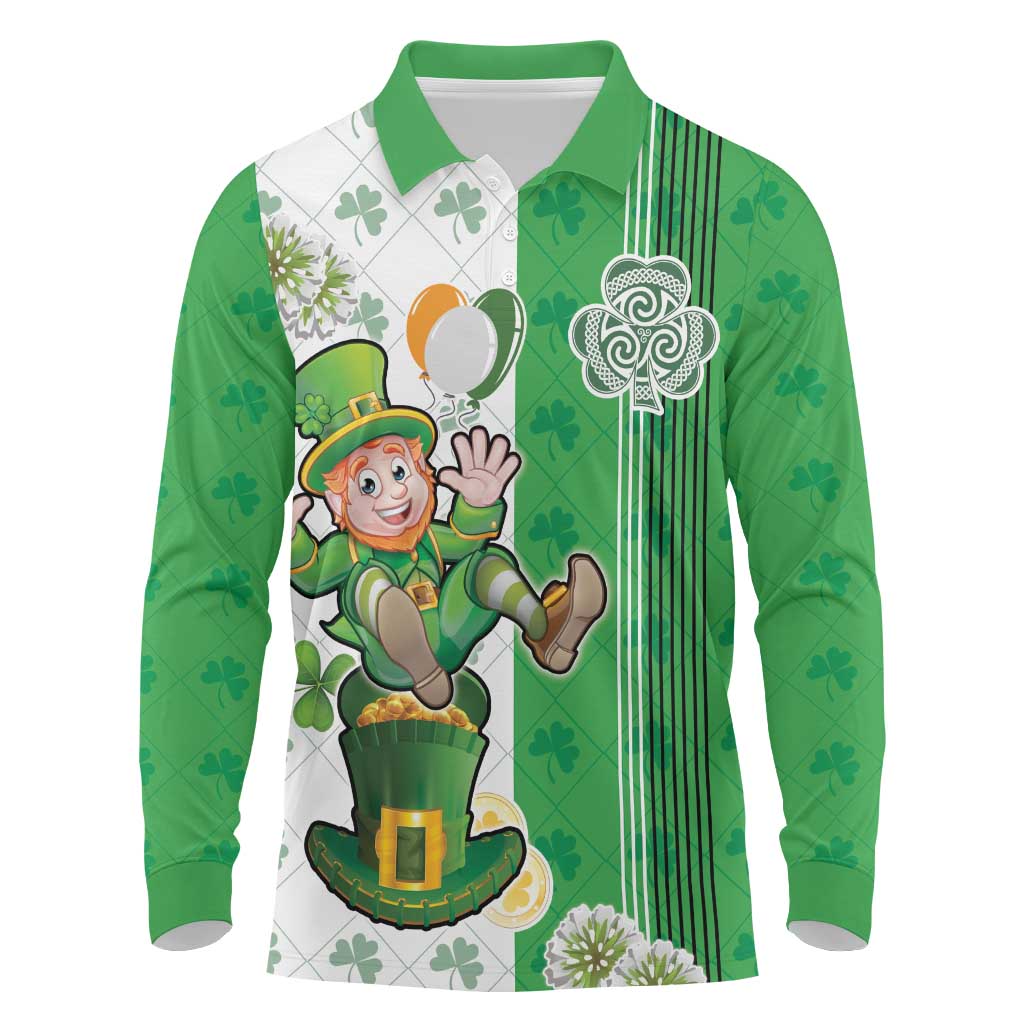 Ireland 17th March Saint Patrick's Day Long Sleeve Polo Shirt Irish Leprechaun with Shamrock