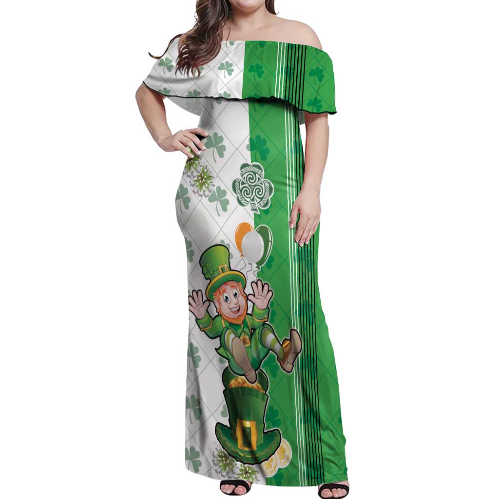 Ireland 17th March Saint Patrick's Day Off Shoulder Maxi Dress Irish Leprechaun with Shamrock