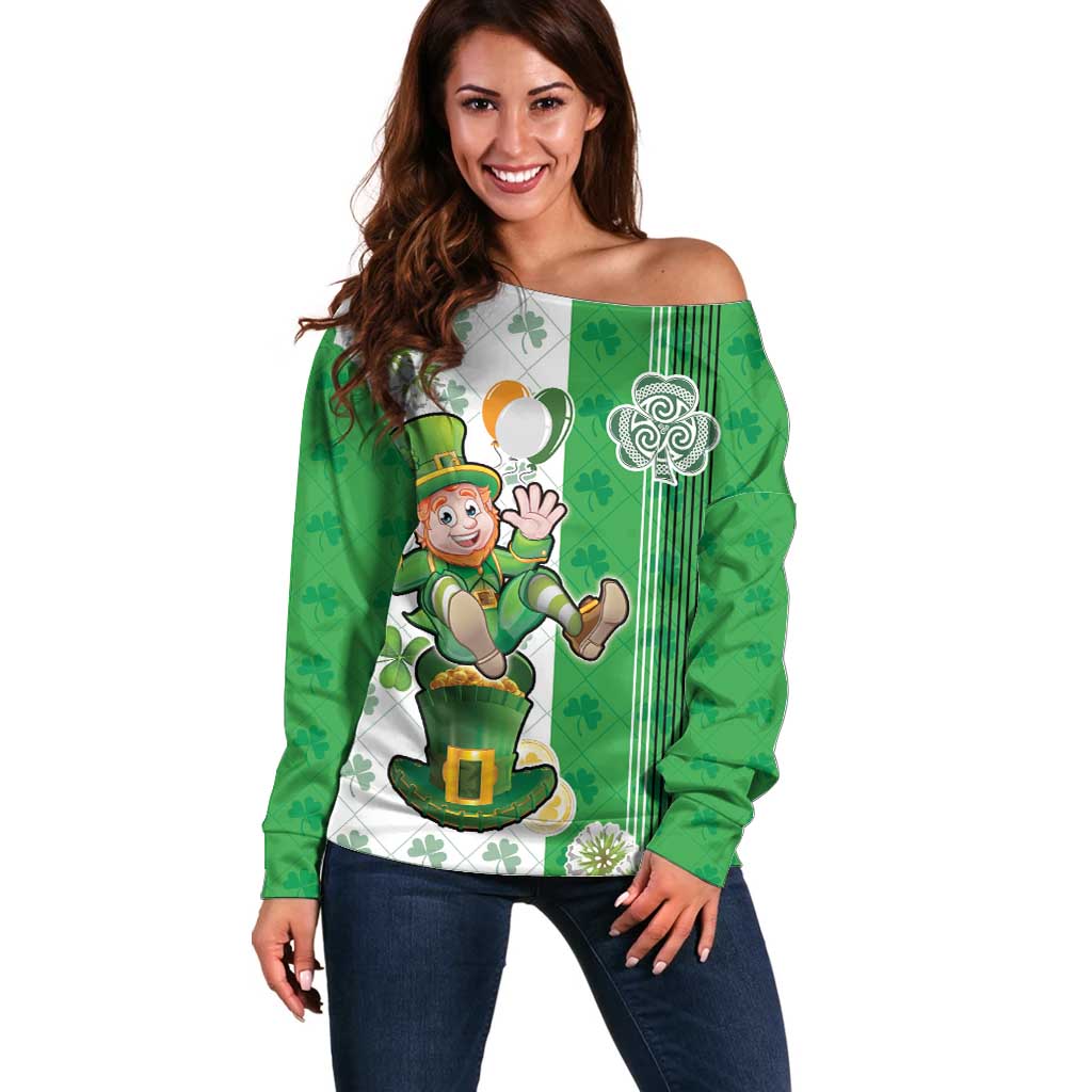 Ireland 17th March Saint Patrick's Day Off Shoulder Sweater Irish Leprechaun with Shamrock