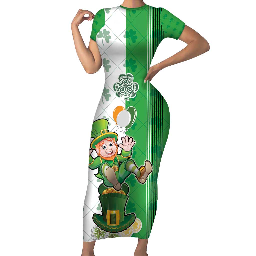 Ireland 17th March Saint Patrick's Day Short Sleeve Bodycon Dress Irish Leprechaun with Shamrock