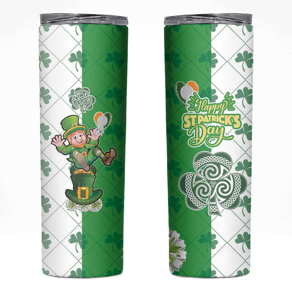 Ireland 17th March Saint Patrick's Day Skinny Tumbler Irish Leprechaun with Shamrock