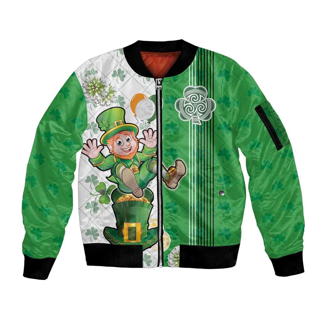 Ireland 17th March Saint Patrick's Day Sleeve Zip Bomber Jacket Irish Leprechaun with Shamrock