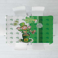 Green Saint Patrick’s Day tablecloth with leprechaun and shamrock pattern, square design