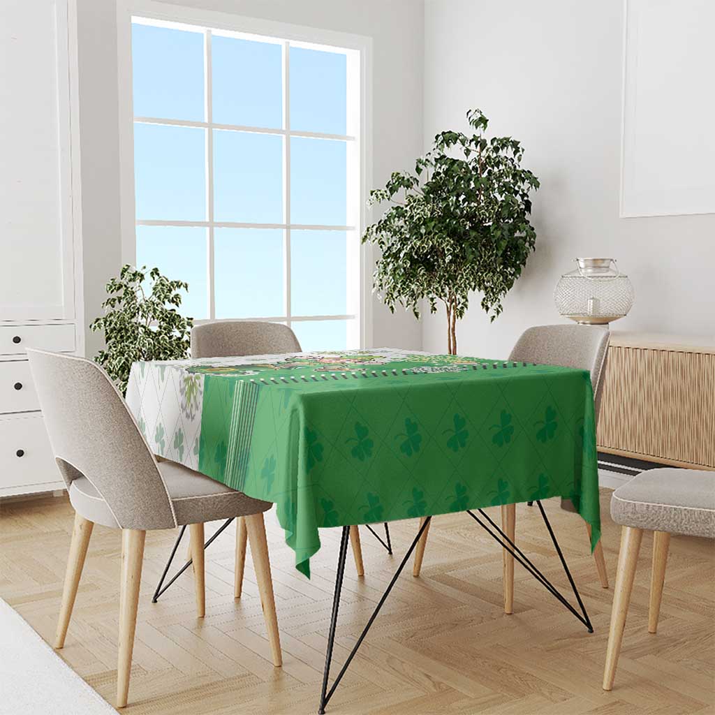 Green tablecloth for St. Patrick’s Day with clover and stripe graphics