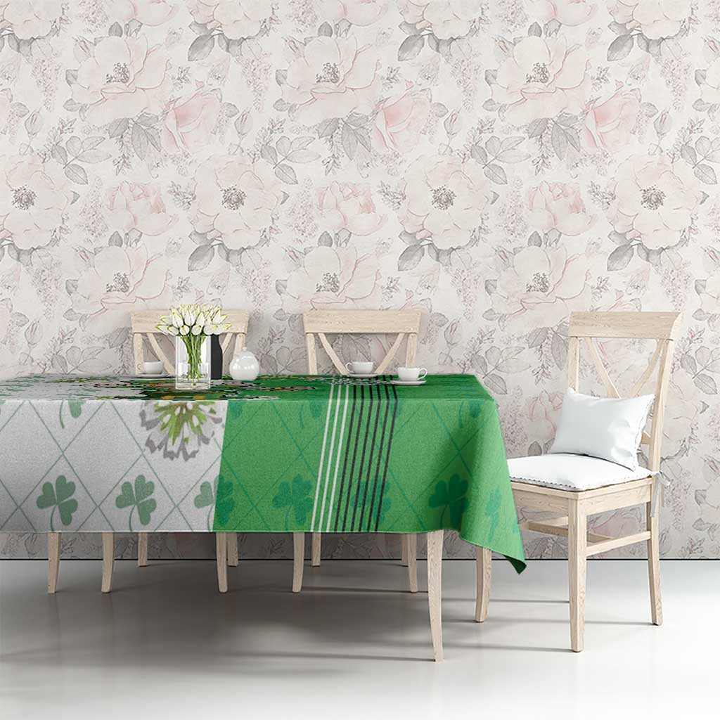 Green tablecloth with leprechaun graphic, clover motifs, and vertical stripe detail