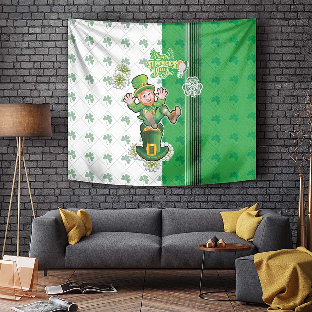 St. Patrick's Day tapestry with running leprechaun, green/white panels, and shamrock pattern