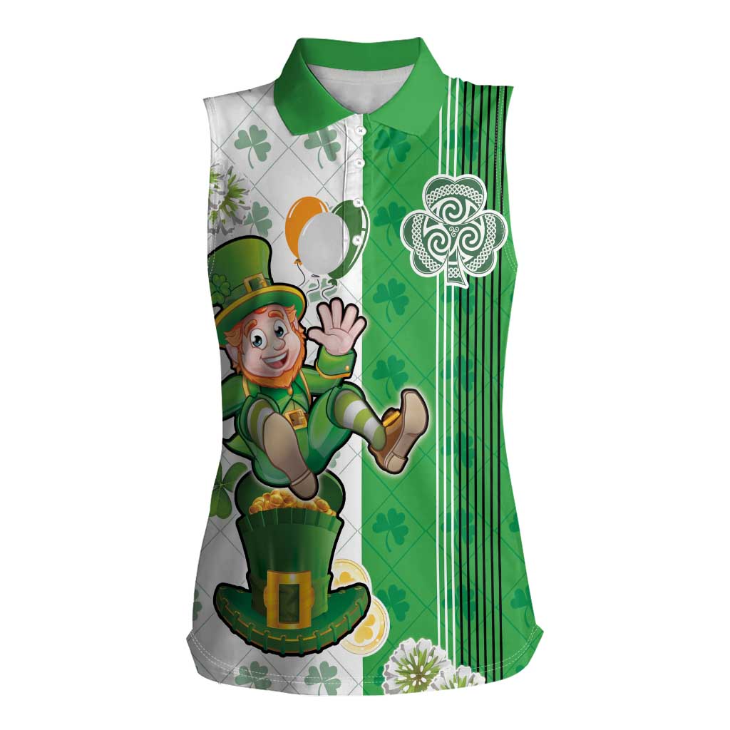 Ireland 17th March Saint Patrick's Day Women Sleeveless Polo Shirt Irish Leprechaun with Shamrock