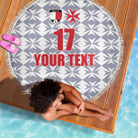 Round beach blanket with gray geometric pattern, Malta crest, 17 and 'YOUR TEXT', fringe