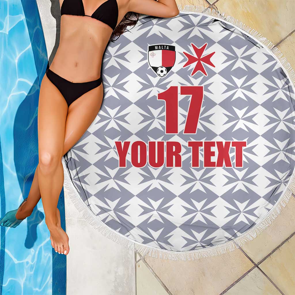 Round beach blanket with gray geometric pattern, Malta crest, 17 and 'YOUR TEXT', fringe