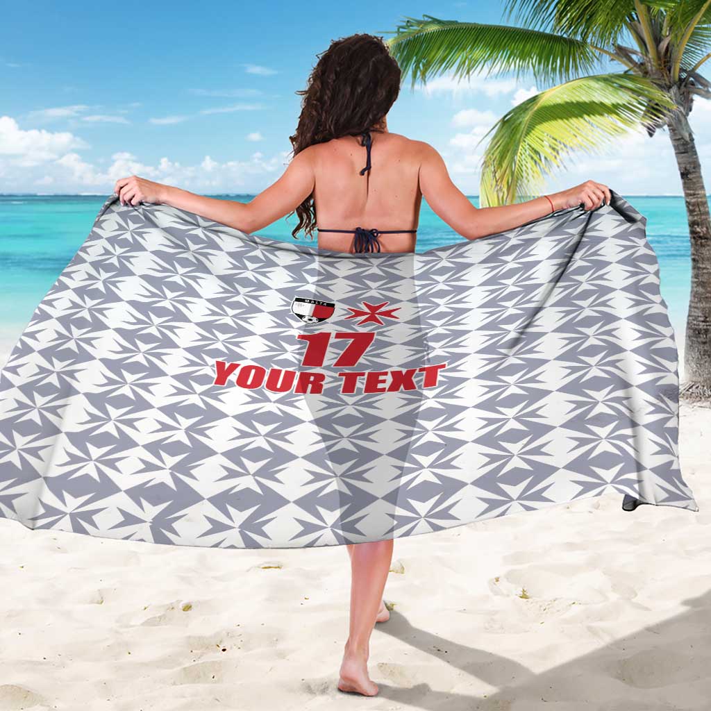 Back view custom sarong wrap in white and gray geometric pattern with red logo, number 11 text