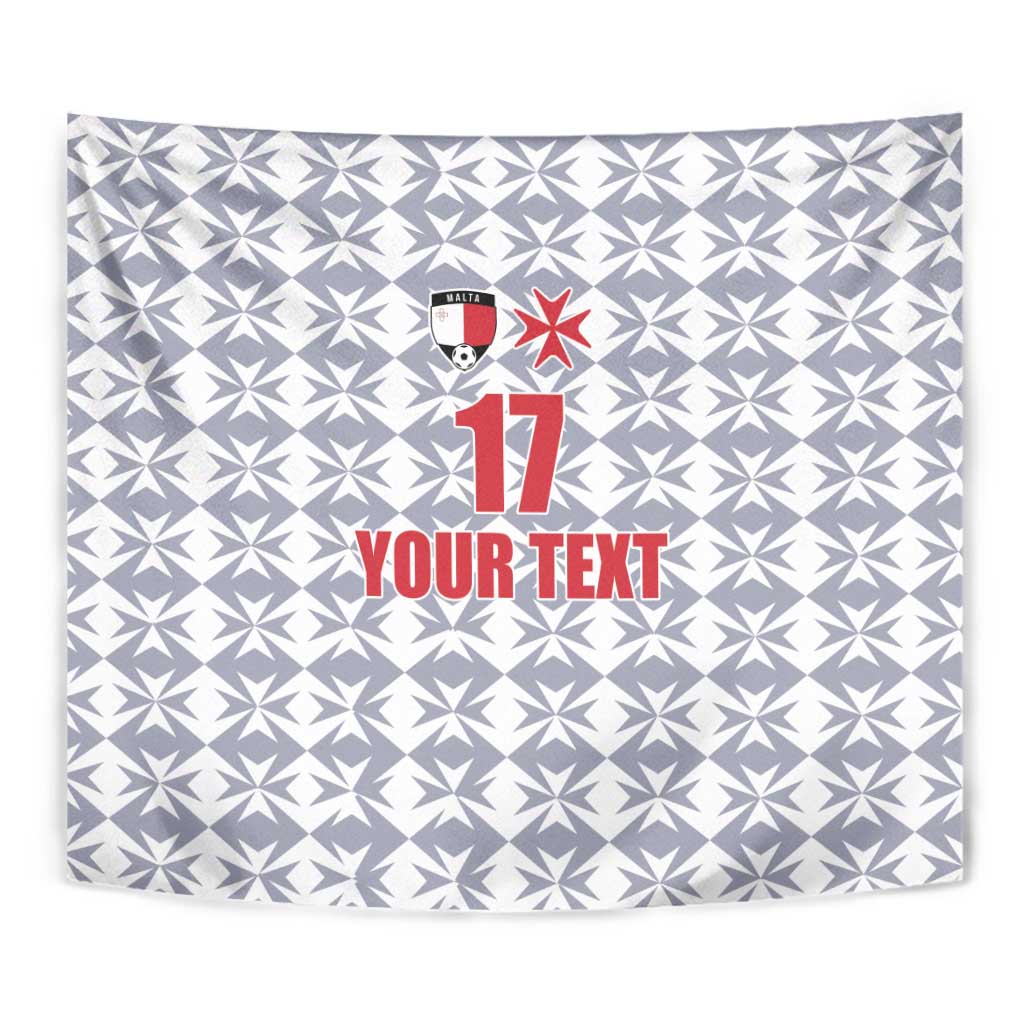 Close-up white patterned wall tapestry with crest, red '17', and 'YOUR TEXT' branding