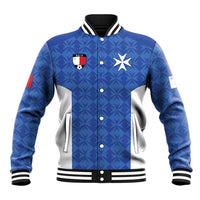 Blue custom baseball varsity jacket, snap-button front, geometric pattern, white side panels