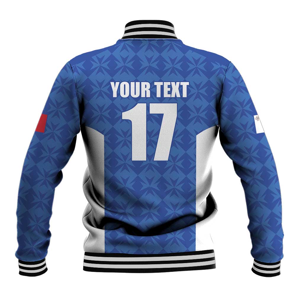 Blue varsity jacket back, geometric pattern, number 17 with YOUR TEXT, ribbed collar and hem