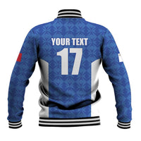 Blue varsity jacket back, geometric pattern, number 17 with YOUR TEXT, ribbed collar and hem