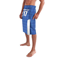 Blue football shorts with number 17 and custom text, white side stripe detail