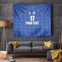 Blue Malta football jersey wall tapestry with crest, star, number 17 and 'YOUR TEXT'.