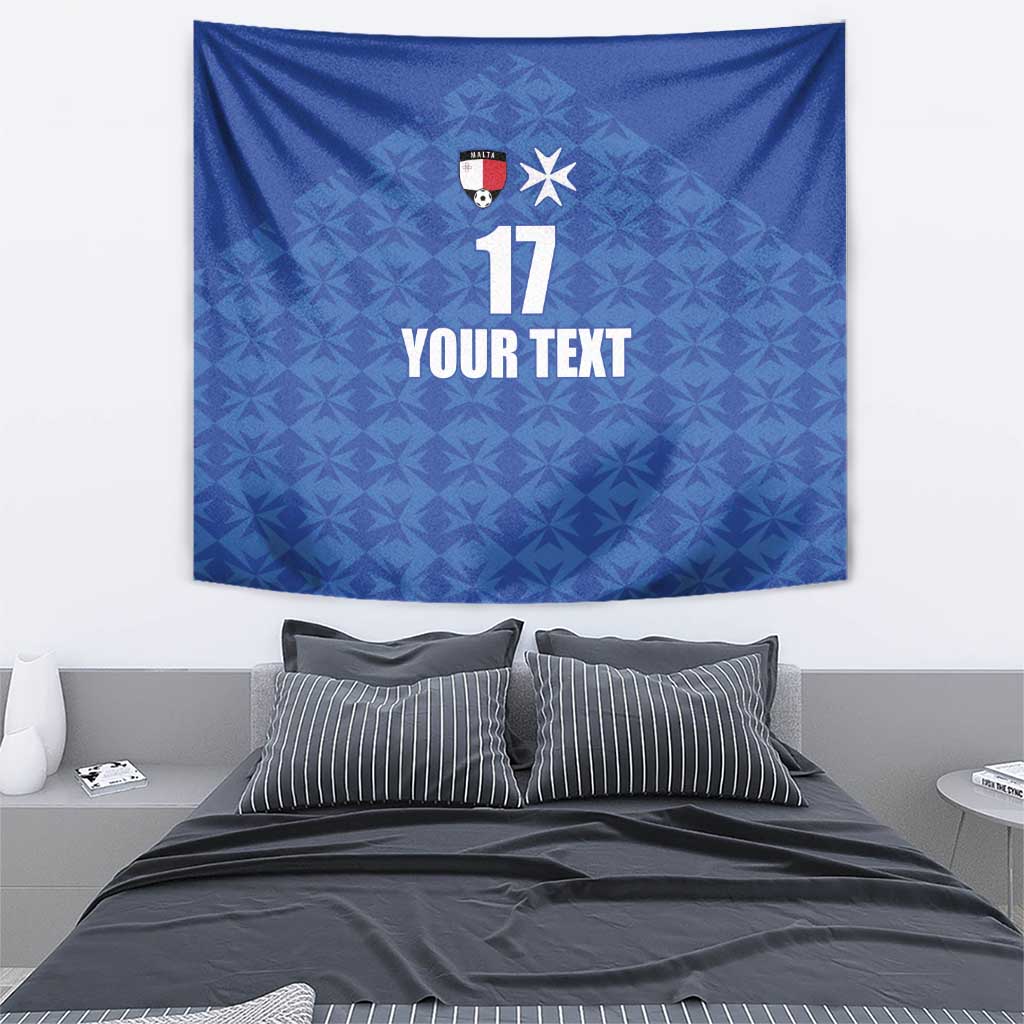 Blue Malta football jersey wall tapestry with crest and star above number 17, 'YOUR TEXT'.