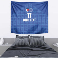 Blue Malta football jersey wall tapestry with crest and star above number 17, 'YOUR TEXT'.