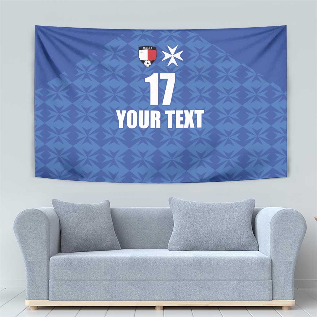 Blue Malta football jersey wall tapestry with crest, star, number 17 and 'YOUR TEXT' on wall.