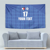 Blue Malta football jersey wall tapestry with crest, star, number 17 and 'YOUR TEXT' on wall.