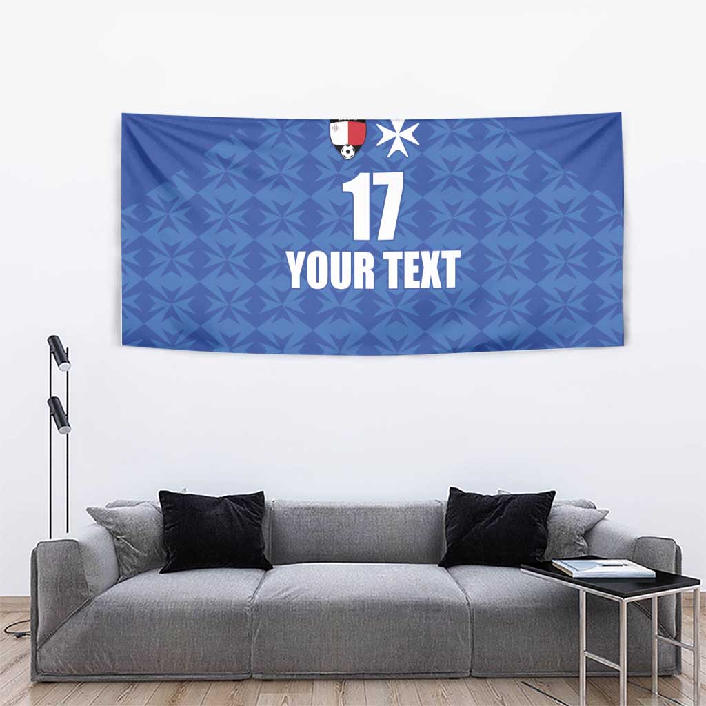 Blue geometric-pattern Malta football jersey wall tapestry with crest, star, number 17 and 'YOUR TEXT'.