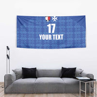 Blue geometric-pattern Malta football jersey wall tapestry with crest, star, number 17 and 'YOUR TEXT'.
