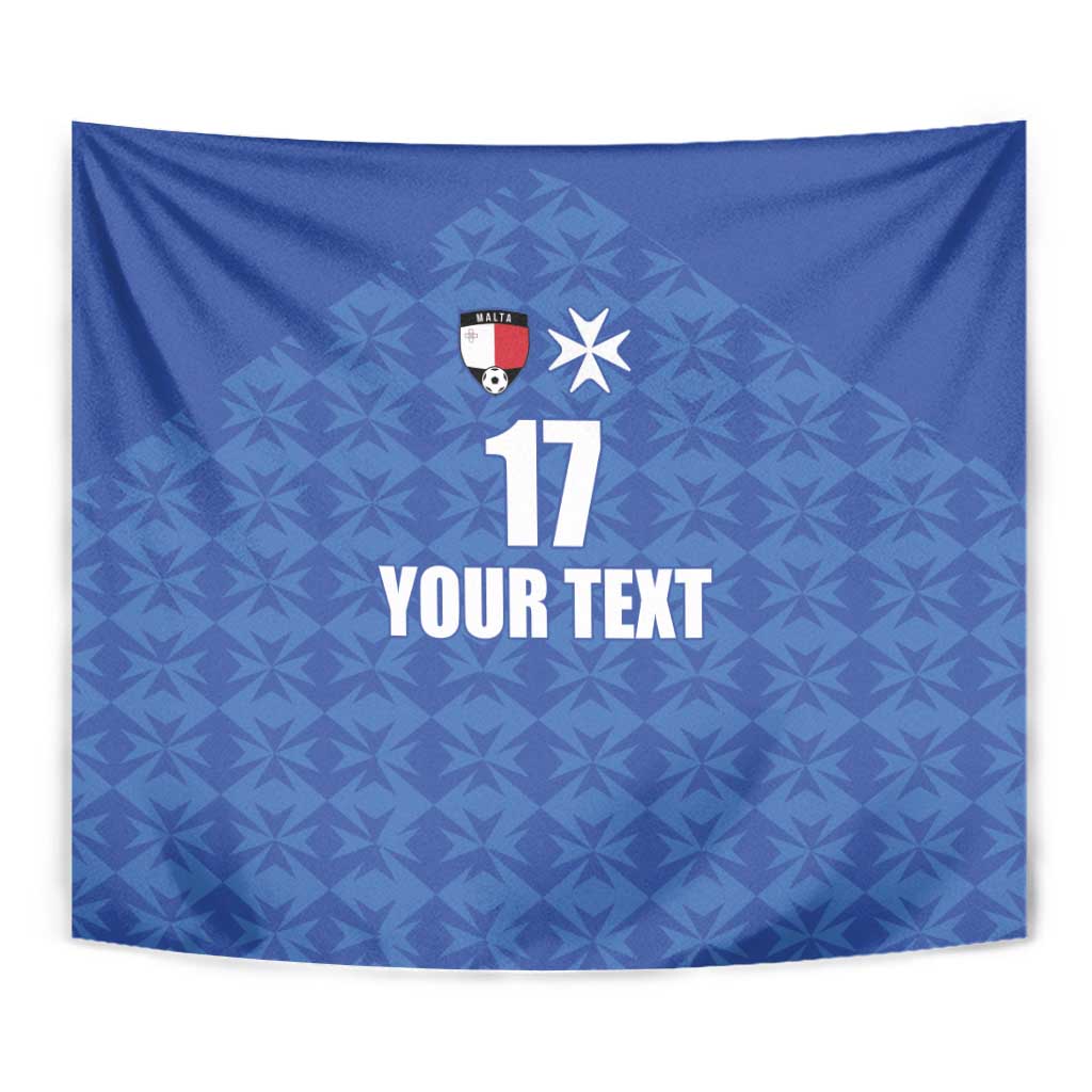 Blue Malta football jersey wall tapestry close-up with crest, star, number 17 and 'YOUR TEXT'.