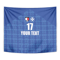 Blue Malta football jersey wall tapestry close-up with crest, star, number 17 and 'YOUR TEXT'.