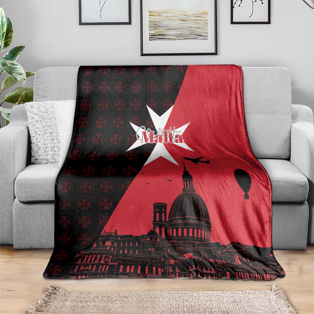 Red and black cityscape throw blanket with large white star and dome building