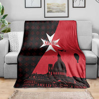 Red and black cityscape throw blanket with large white star and dome building