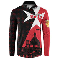 Men's button-collar sweatshirt with red, black, white cross graphic and city skyline