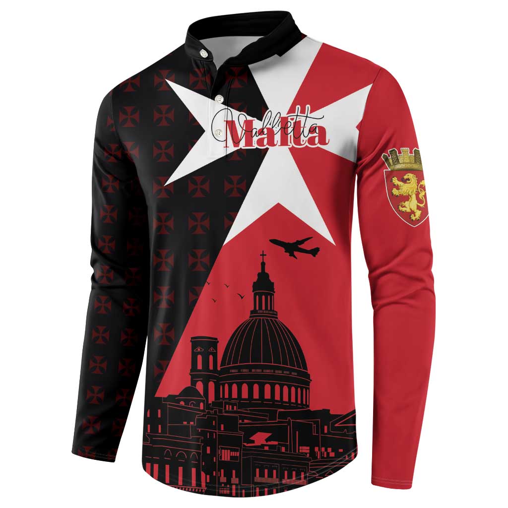 Men's button-collar sweatshirt, red and black with star-cross panel and Malta text