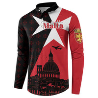 Men's button-collar sweatshirt, red and black with star-cross panel and Malta text