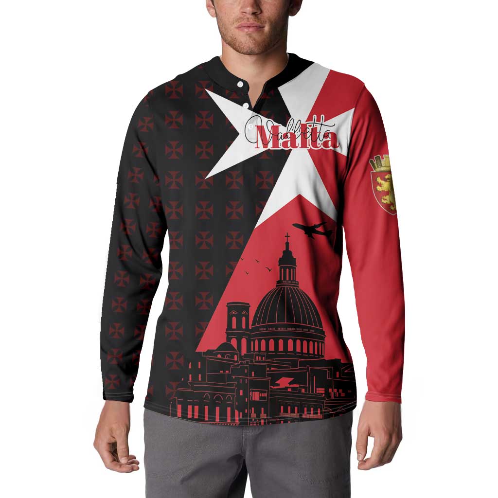 Men's button-collar sweatshirt worn front, red and black star-cross with domed building