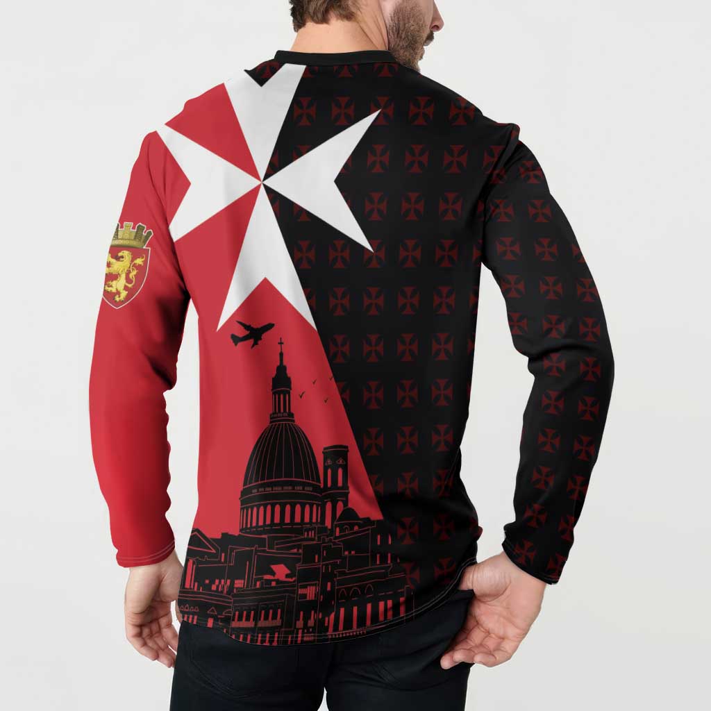 Men's button-collar sweatshirt back view, red sleeves with white cross over dark pattern