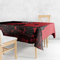 Red and black Malta-themed tablecloth corner drape with city building pattern