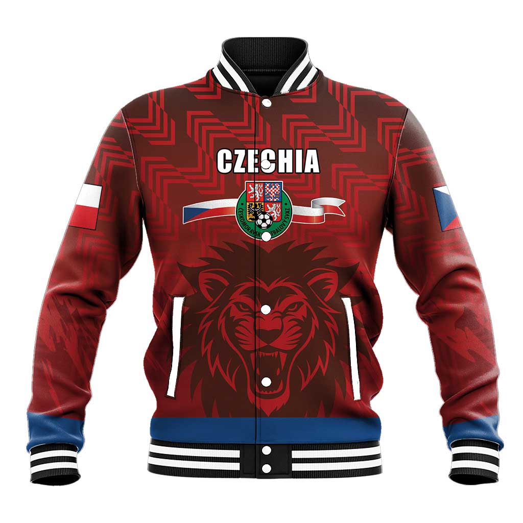 Red custom baseball jacket with Czechia crest, lion graphic, striped collar and cuffs