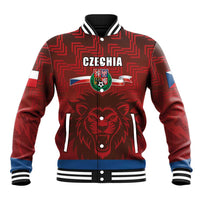 Red custom baseball jacket with Czechia crest, lion graphic, striped collar and cuffs